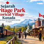 Heritage Park Historical Village Calgary Kanada dengan bangunan bersejarah dan kereta uap