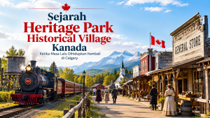 Heritage Park Historical Village Calgary Kanada dengan bangunan bersejarah dan kereta uap