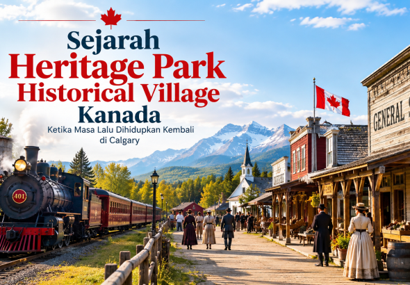 Heritage Park Historical Village Calgary Kanada dengan bangunan bersejarah dan kereta uap