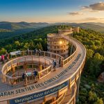 Sentier des cimes Laurentides Kanada dengan jalur kayu di atas pepohonan dan menara observasi setinggi 40 meter.