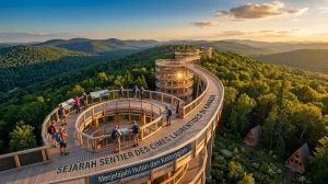 Sentier des cimes Laurentides Kanada dengan jalur kayu di atas pepohonan dan menara observasi setinggi 40 meter.