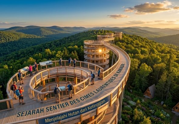Sentier des cimes Laurentides Kanada dengan jalur kayu di atas pepohonan dan menara observasi setinggi 40 meter.