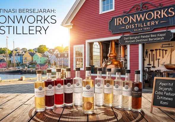 Ironworks Distillery di Lunenburg Nova Scotia Kanada, bekas bengkel pandai besi tahun 1893