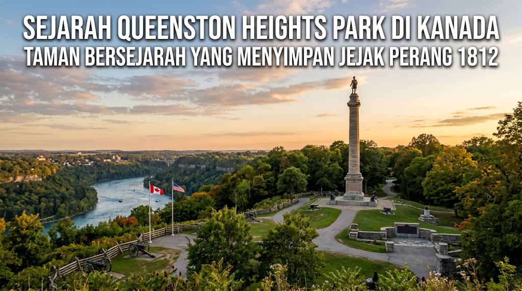 Queenston Heights Park di Kanada dengan Brock’s Monument yang berdiri di kawasan taman bersejarah Niagara.