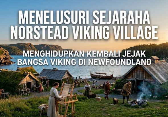 Desa rekonstruksi Viking Norstead di Newfoundland, Kanada, dengan bangunan kayu tradisional dan replika kapal Viking Snorri.