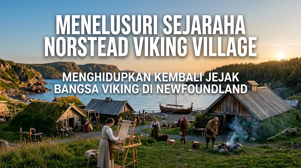Desa rekonstruksi Viking Norstead di Newfoundland, Kanada, dengan bangunan kayu tradisional dan replika kapal Viking Snorri.