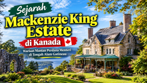 Mackenzie King Estate di Kanada dengan pondok bersejarah, taman, dan reruntuhan batu di Gatineau Park.