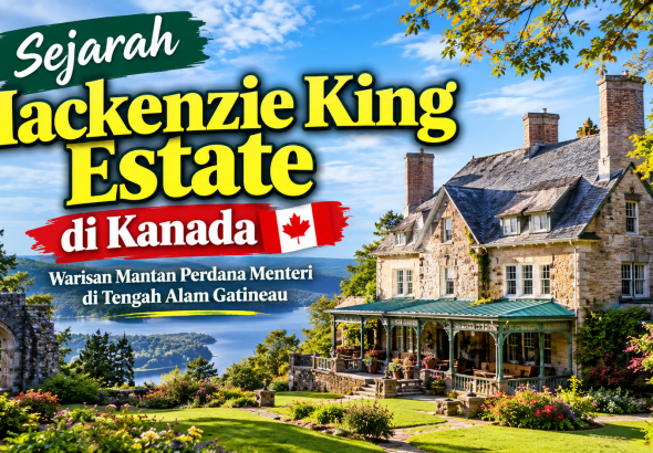 Mackenzie King Estate di Kanada dengan pondok bersejarah, taman, dan reruntuhan batu di Gatineau Park.